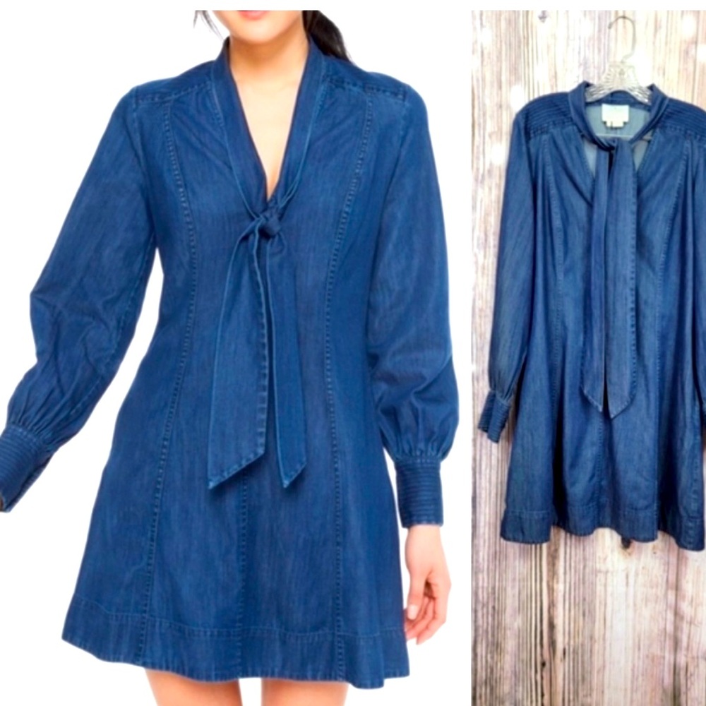 Kate Spade Denim Tie Neck Long Sleeve Dress